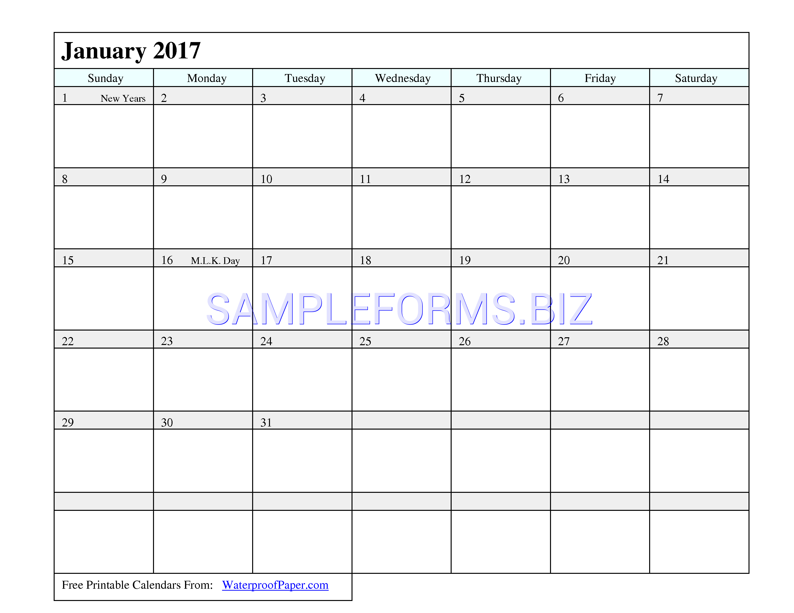 Preview free downloadable 2017 Monthly Calendar 1 in PDF (page 1)